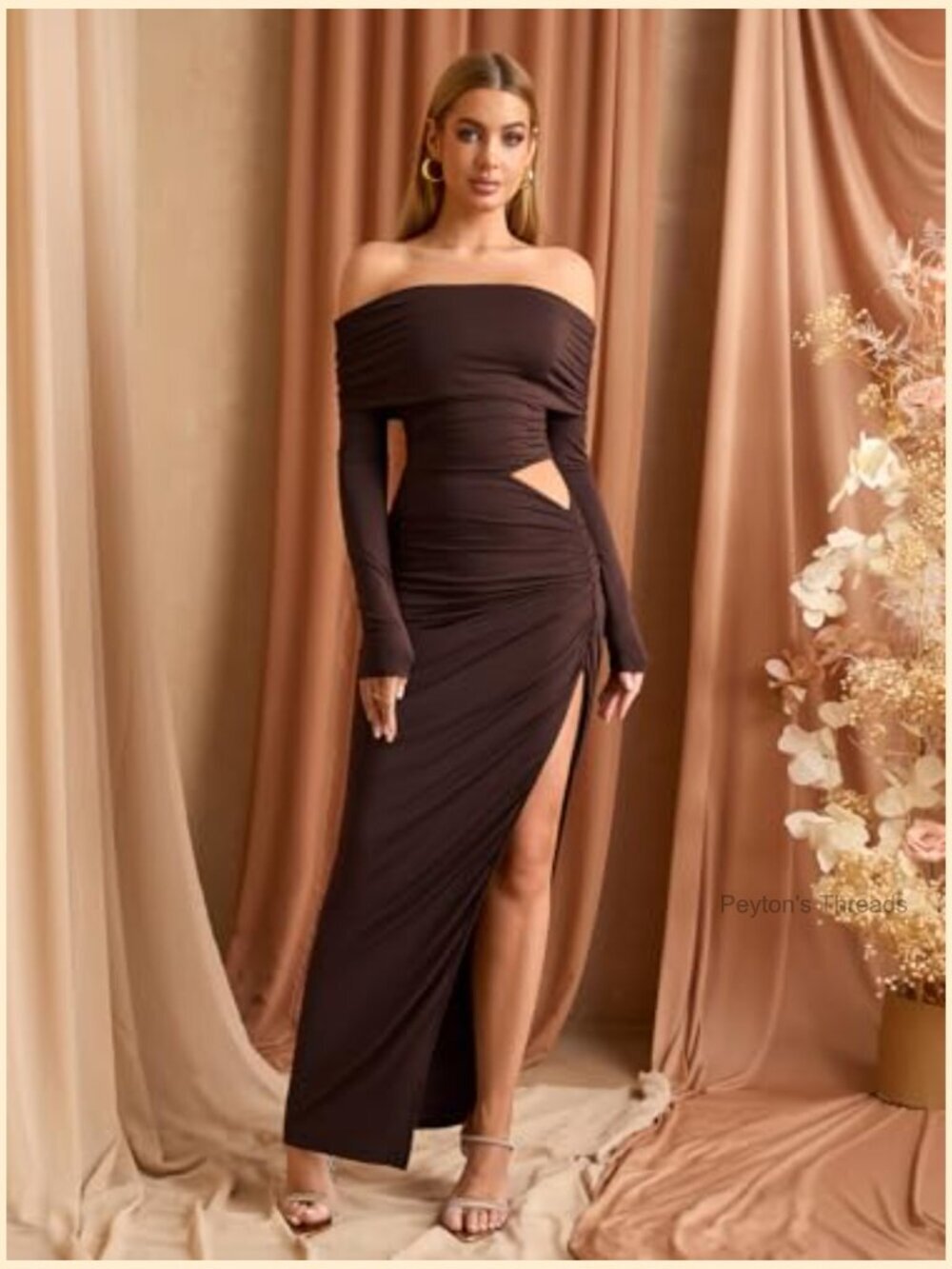 Off Shoulder Long Sleeve Maxi Dress Ruched Bodycon Formal Wedding Guest - Picture 2 of 6